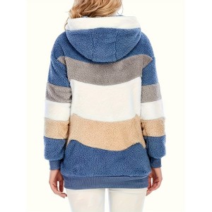 Color Block Hooded Teddy Coat, Casual Zip Up Long Sleeve Winter Warm Outerwear, Women's Clothing