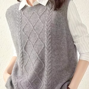Solid Cable Knit Sweater Vest, Versatile Sleeveless Sweater For Fall & Winter, Women's Clothing