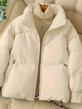 Solid Zip Front Coat, Casual Stand Collar Long Sleeve Fall & Winter Warm Outerwear, Women's Clothing