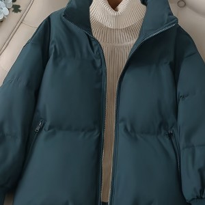 Solid Zip Front Coat, Casual Stand Collar Long Sleeve Fall & Winter Warm Outerwear, Women's Clothing