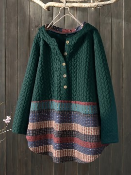 Tribal Print Long Sleeve Hooded Padded Jacket, Casual Button Front Loose Hem Fall & Winter Outerwear, Women's Clothing