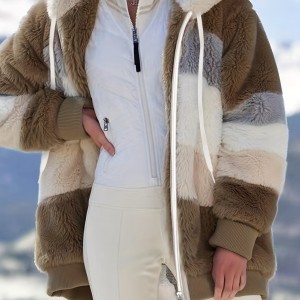 Fuzzy Color Block Coat, Casual Hooded Zip Up Drawstring Long Sleeve Outerwear, Women's Clothing