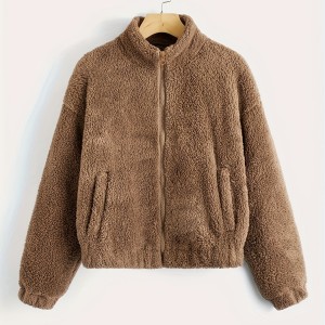 Zip Up Solid Teddy Jacket, Casual Simple Winter Warm Outerwear, Women's Clothing