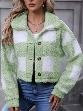 Plaid Teddy Coat, Casual Button Front Long Sleeve Winter Warm Outerwear, Women's Clothing