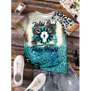 Cow Skull & Letter Print Vintage T-shirt, Crew Neck Short Sleeve Top For Spring & Summer, Women's Clothing