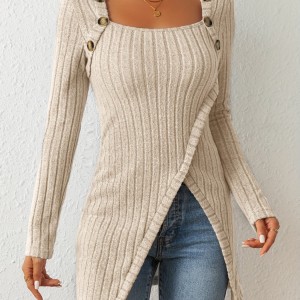 Button Decor Asymmetrical Hem T-Shirt, Casual Ribbed Long Sleeve Top For Spring & Fall, Women's Clothing