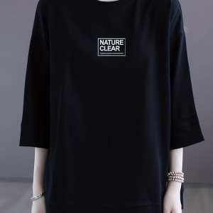 Letter Print Simple T-shirt, Casual Drop Shoulder 3/4 Sleeve Crew Neck T-shirt, Women's Clothing