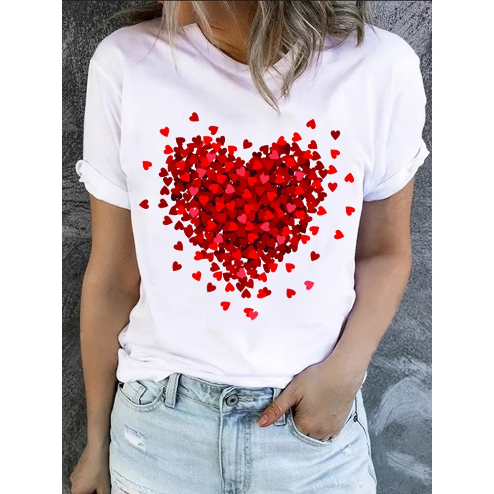 Heart Print T-Shirt For Valentine's Day Gifts, Crew Neck Short Sleeve T-Shirt, Casual Every Day Tops, Women's Clothing