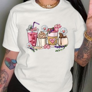 Coffee & Floral Print Crew Neck T-shirt, Casual Short Sleeve Drop Shoulder Top, Women's Clothing