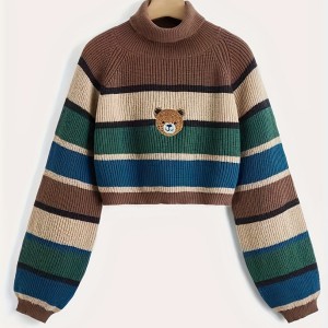 Bear Pattern Striped Pullover Sweater, Cute Turtle Neck Long Sleeve Crop Sweater, Women's Clothing
