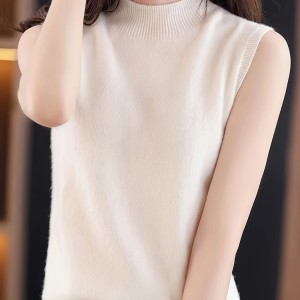 Solid Mock Neck Knitted Top, Elegant Sleeveless Versatile Top, Women's Clothing