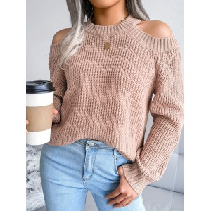 Solid Color Crew Neck Cold Shoulder Knitted Tops, Casual Everyday Pullover Sweaters, Women's Clothing
