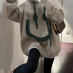 Smile Face Pattern Hooded Knitted Sweater, Casual Drawstring Long Sleeve Oversized Sweater, Women's Clothing