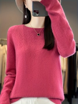 Solid Crew Neck Wool Sweater, Casual Long Sleeve Cozy Basic Sweater, Women's Clothing