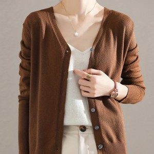 Elegant V-neck Solid Cardigan, Long Sleeve Cardigan For Spring & Fall, Women's Clothing