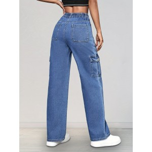 Elastic Waist Washed Straight Jeans, Loose Fit Flap Pockets Y2K Style Cargo Pants, Women's Denim Jeans & Clothing