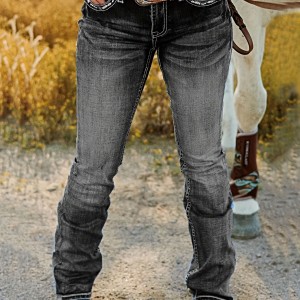 Embroidered Pockets Washed Bootcut Jeans, Retro Style Slant Pockets Denim Pants, Women's Denim Jeans & Clothing