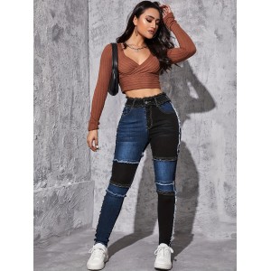 Colorblock Raw Hem Skinny Jeans, Slim Fit Slash Pockets High-Stretch Patchwork Casual Denim Pants, Women's Denim Jeans & Clothing