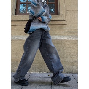 Plain Wide Legs Straight Jeans, Loose Fit Slash Pockets High-Stretch Denim Pants, Women's Denim Jeans & Clothing