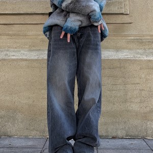 Plain Wide Legs Straight Jeans, Loose Fit Slash Pockets High-Stretch Denim Pants, Women's Denim Jeans & Clothing