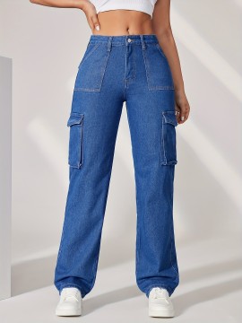 Blue Flap Pockets Cargo Pants, Loose Fit High Waist Y2K & Kpop Style Straight Jeans, Women's Denim Jeans & Clothing