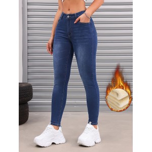 Fleece Liner Washed Skinny Jeans, Mid-Stretch Keep Warm Slim Fit Tight Jeans, Women's Denim Jeans & Clothing
