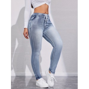 Drawstring Elastic Waist Skinny Jeans, High Stretch Slim Fit Washed Tight Jeans, Women's Denim Jeans & Clothing