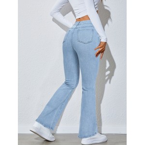 High Waist High Strech Light Blue Bootcut Jeans, Zipper Button Closure Flare Leg Causal Denim Pants, Women's Denim Jeans & Clothing