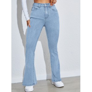 High Waist High Strech Light Blue Bootcut Jeans, Zipper Button Closure Flare Leg Causal Denim Pants, Women's Denim Jeans & Clothing